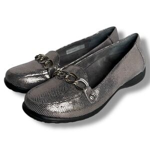 Vionic Metallic Pewter Alda Ballet Flats Loafers Shoe Leather Snakeskin Print